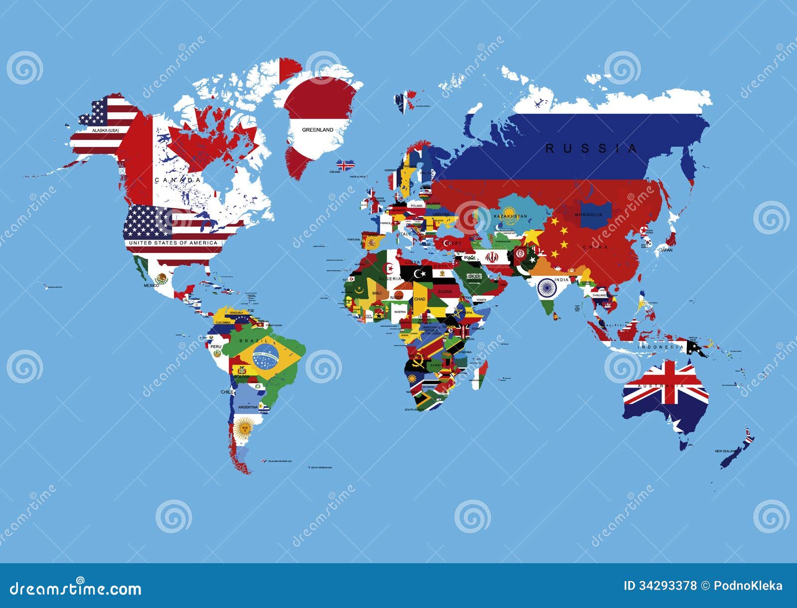 Mapa Del Mundo Coloreado En Banderas Y Nombres De Países Fotos de