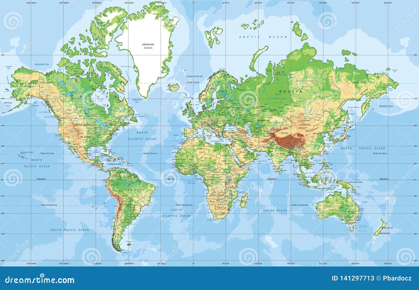 Mapa Del Mundo Físico En La Proyección De Mercator Ilustración Del