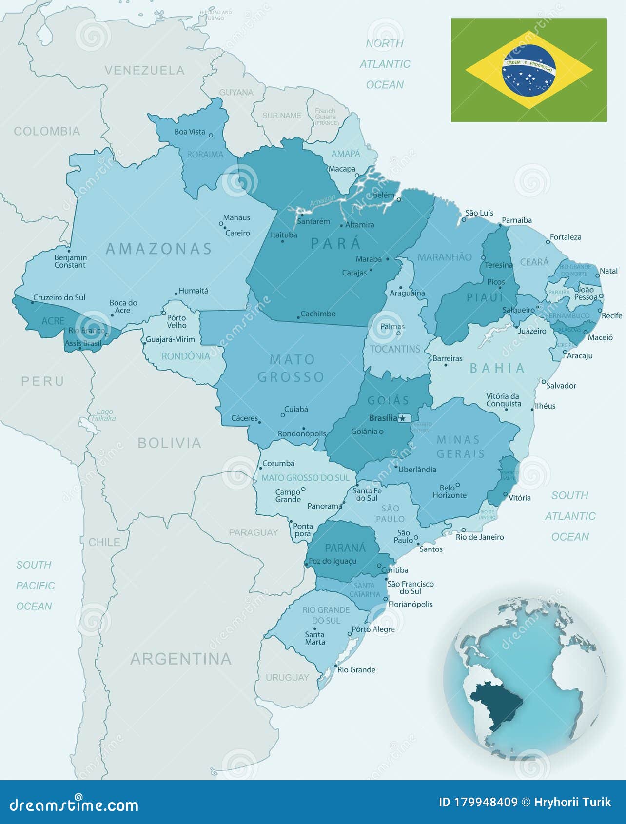 Mapa Detalhado Azul Esverdeado Das Divisões Administrativas