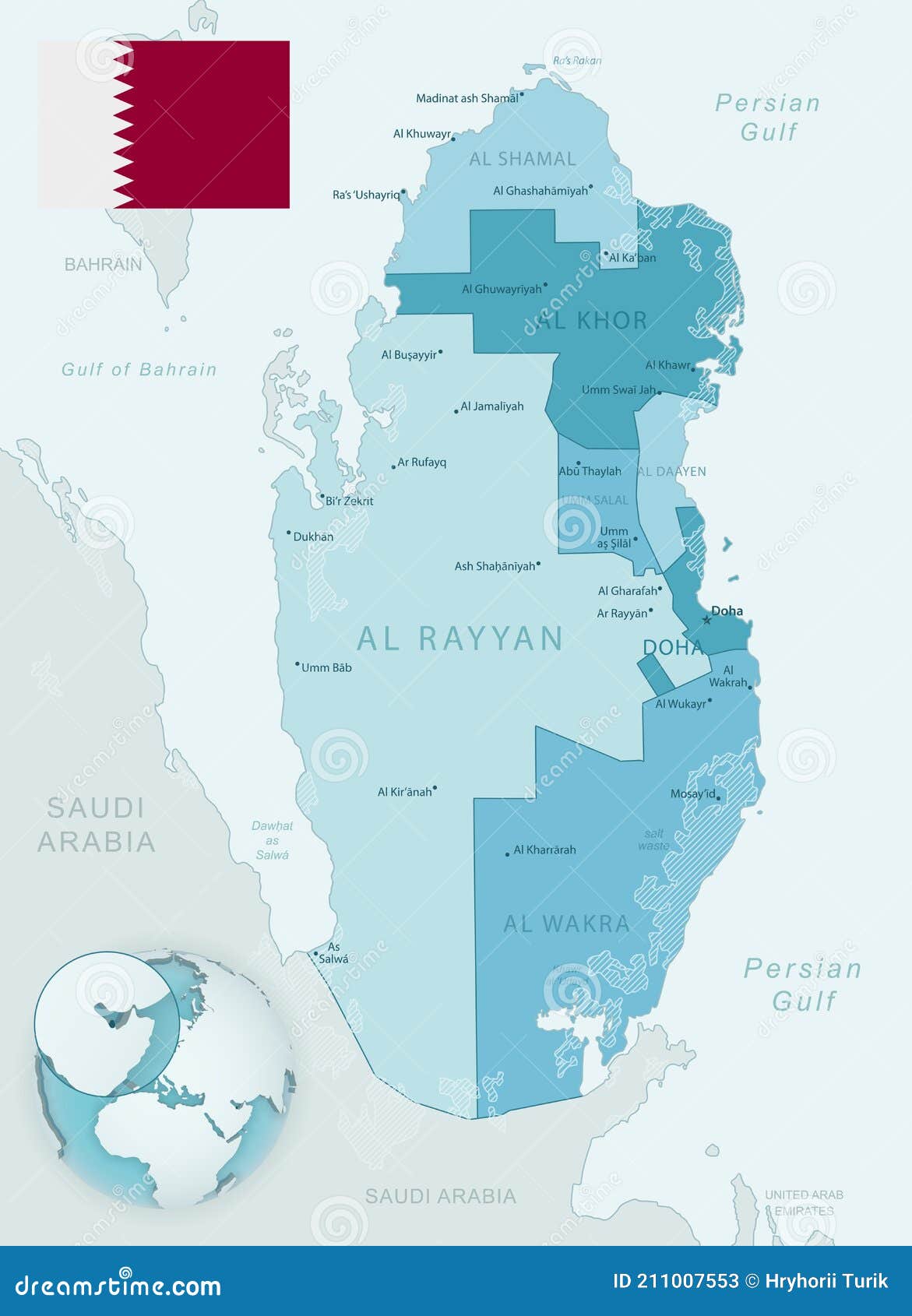 Mapa Detalhado De Divisões Administrativas Do Qatar Com Bandeira E