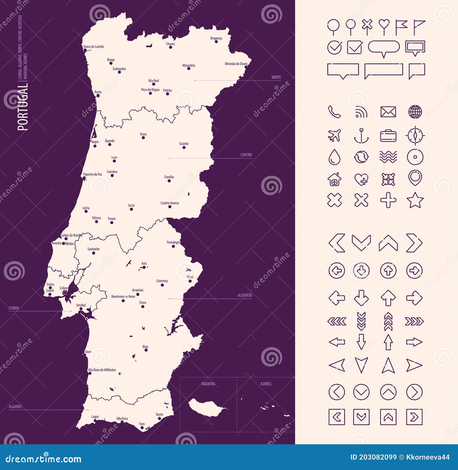 Portugal Mapa Divisões Administrativas e Estradas imagem vetorial