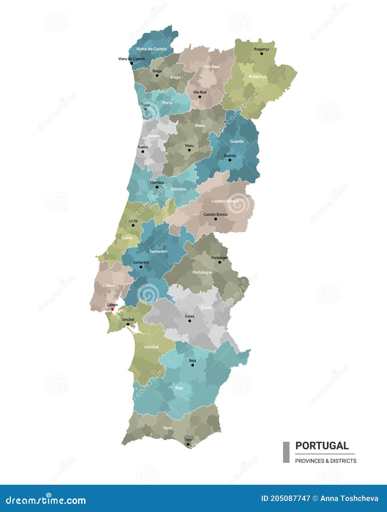 Portugal Mapa Divisões Administrativas e Estradas imagem vetorial