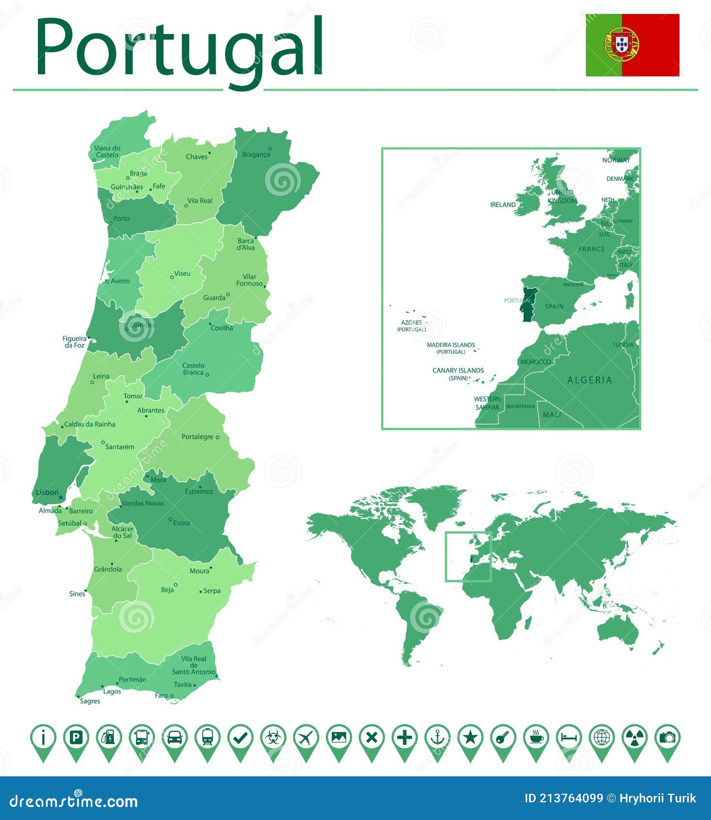 Mapa de portugal altamente detalhado com capital de bandeira e