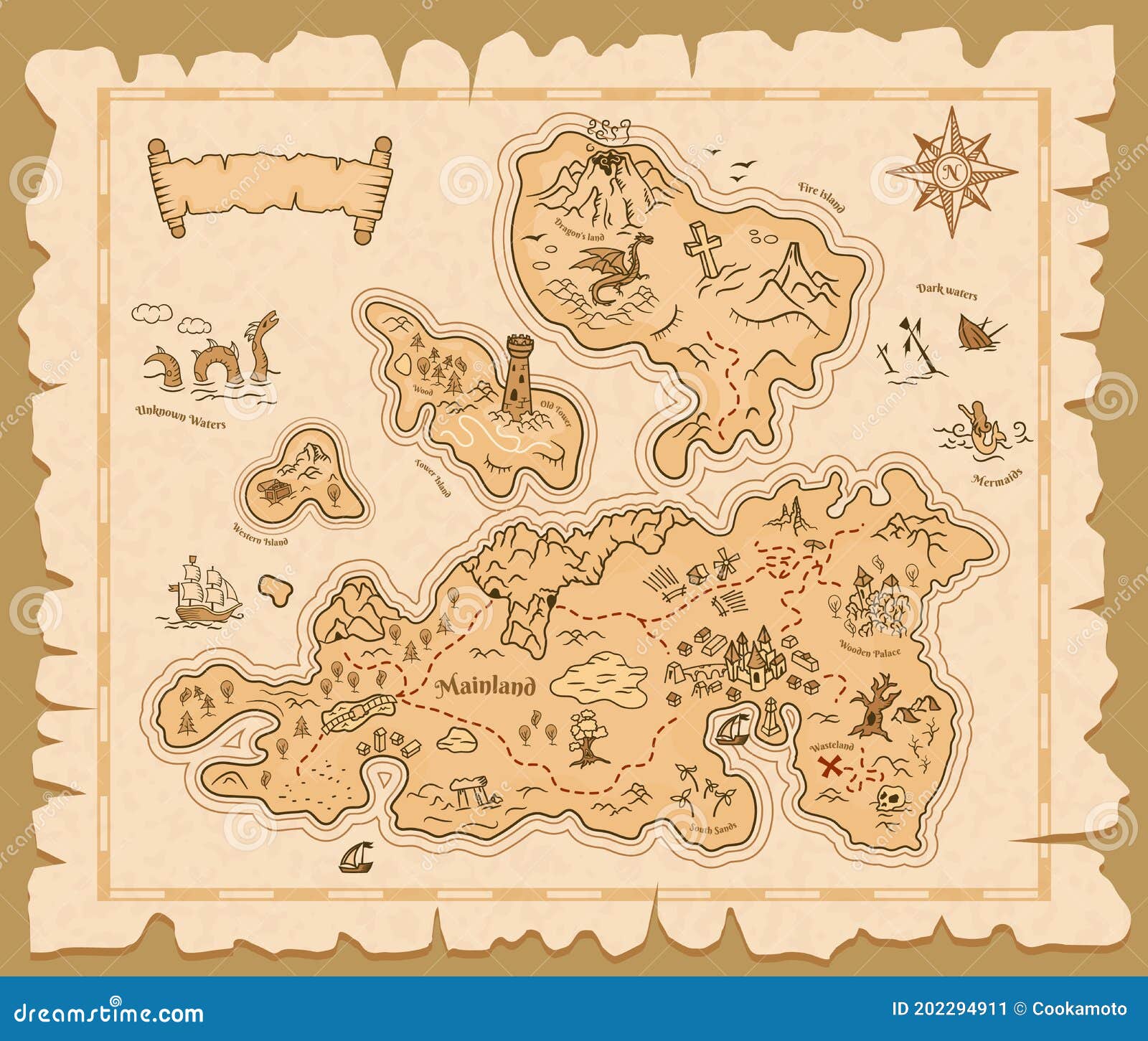 Conjunto de 7 mapas do tesouro em papel. Ahoy pirata!