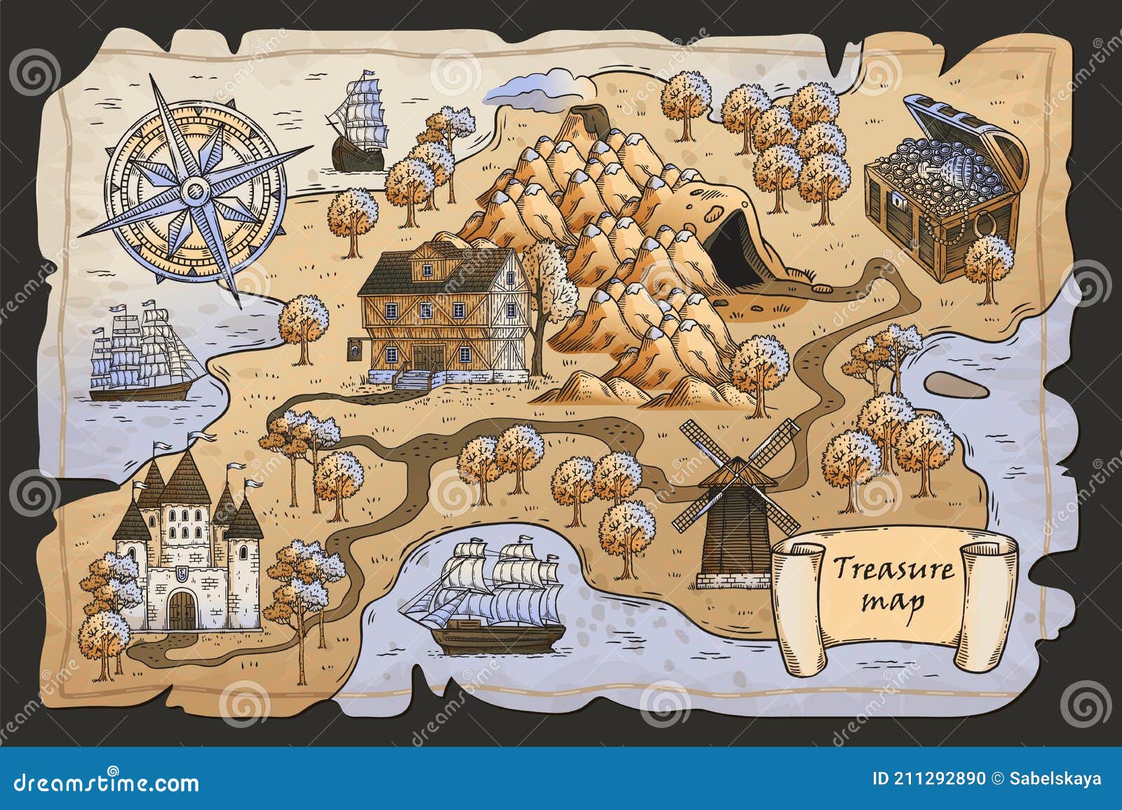 Mapa Do Tesouro, Mapa Das Ilhas Tropicais De Desenho Mostrando O Caminho  Para O Tesouro De Ouro Pirata Ilustração do Vetor - Ilustração de caixa,  console: 197448830