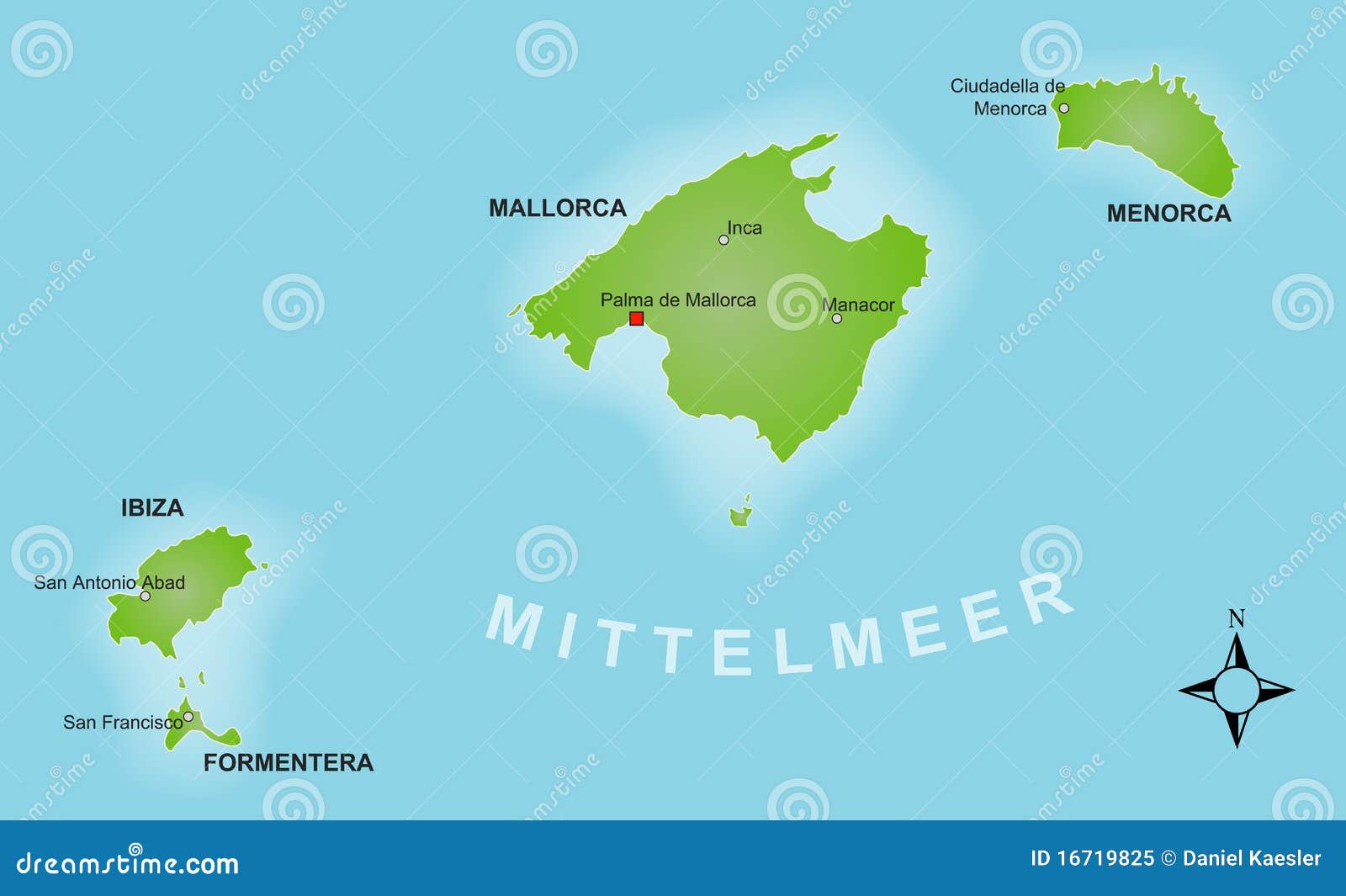 Um mapa estilizado do Balearics que mostra os consoles diferentes e diversas cidades. O Balearics é um ímã europeu do turista.