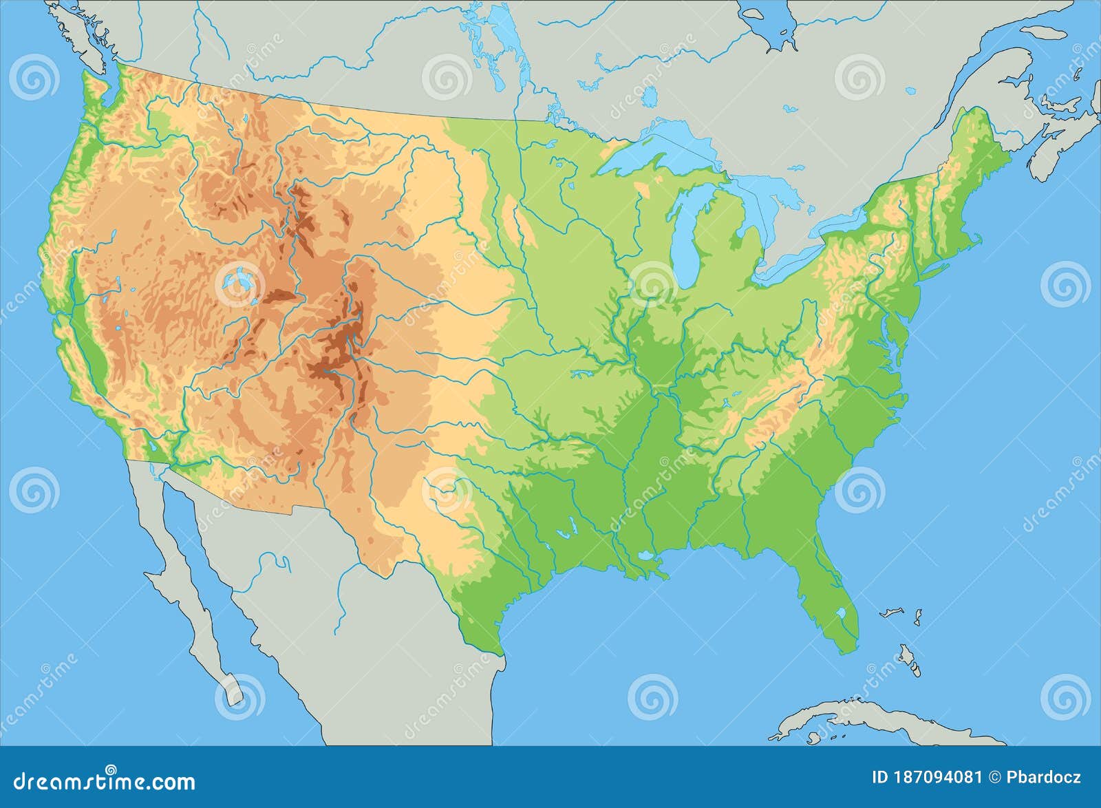 Mapa Físico Detallado De Estados Unidos De América Ilustración Del