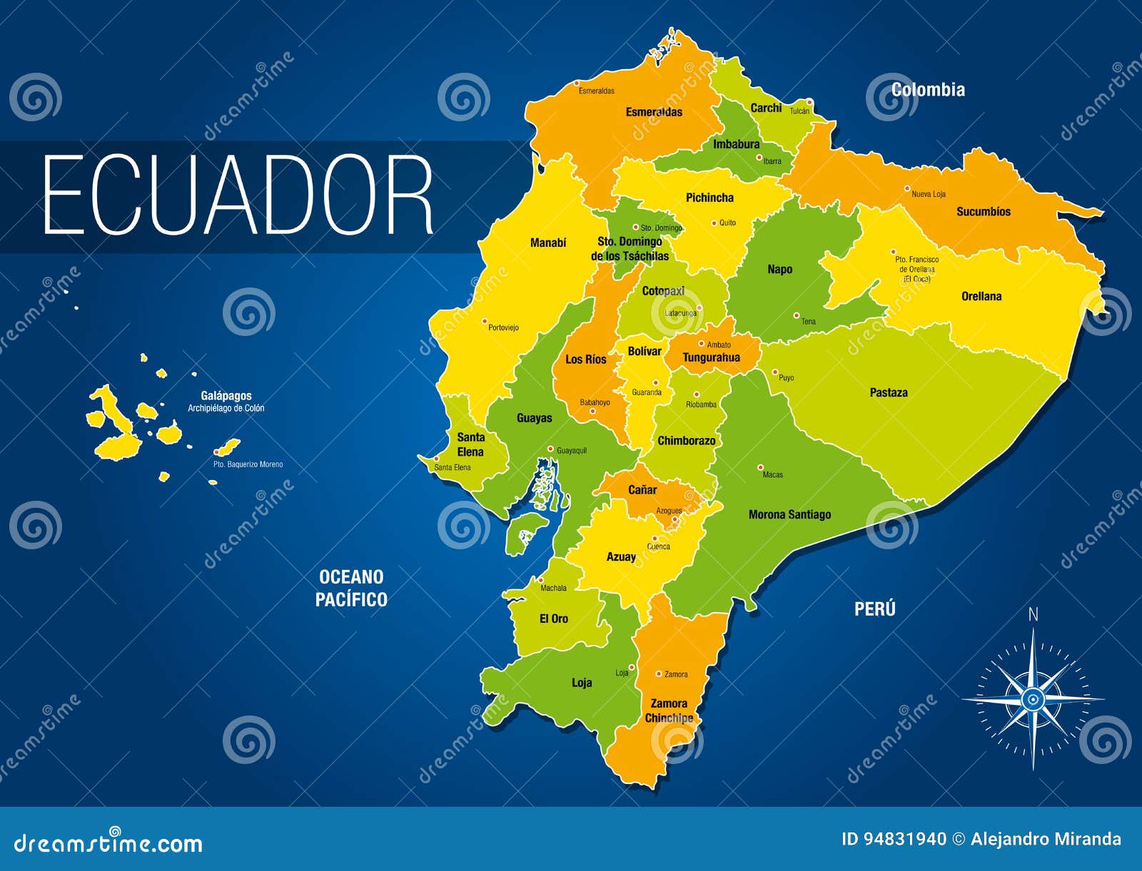 Mapa Politico De La Republica De Ecuador Con Los Nombres De Las Provincias Y De Sus Capitales En Fondo Azul Ilustracion Del Vector Ilustracion De Geografia Concepto 94831940