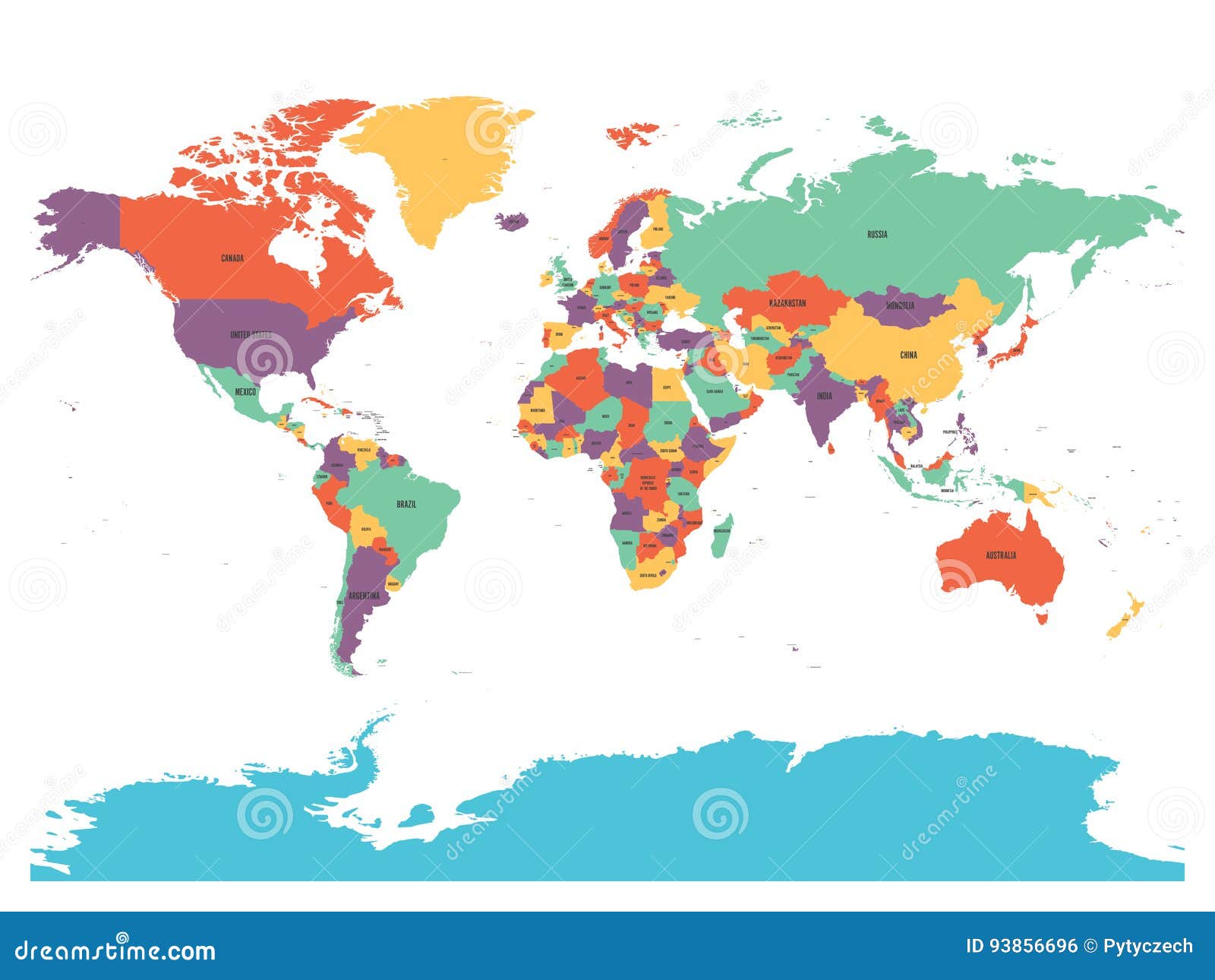 mapa pol%C3%ADtico del mundo con la ant%C3%A1rtida pa%C3%ADses en cuatro diversos colores sin fronteras en el fondo blanco negro 93856696