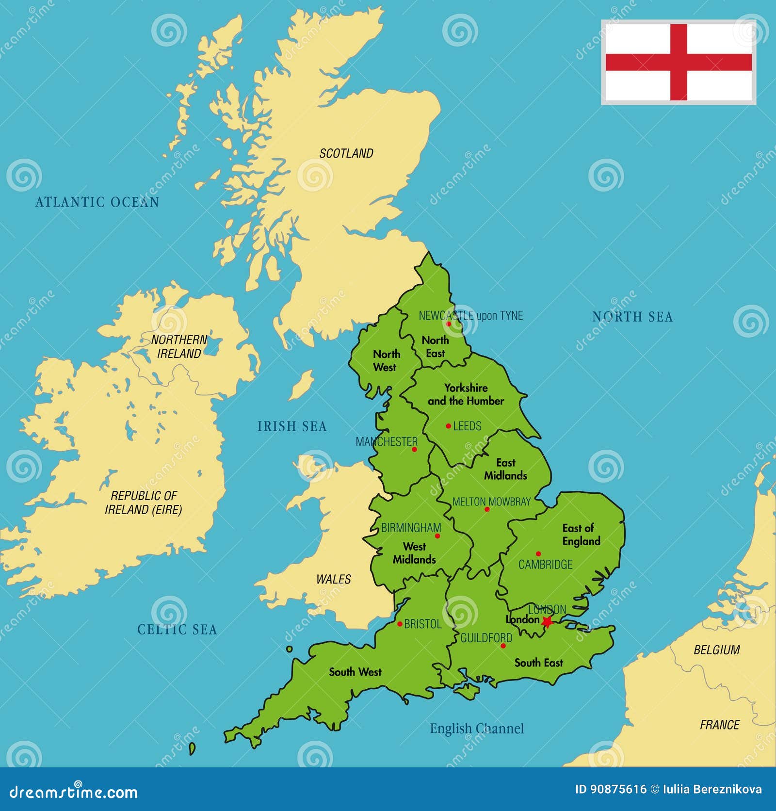 Mapa político de Inglaterra con regiones y sus capitales. Vector el mapa político altamente detallado de Inglaterra con regiones y sus capitales Todos los elementos se separan en capas editable etiquetados claramente EPS 10