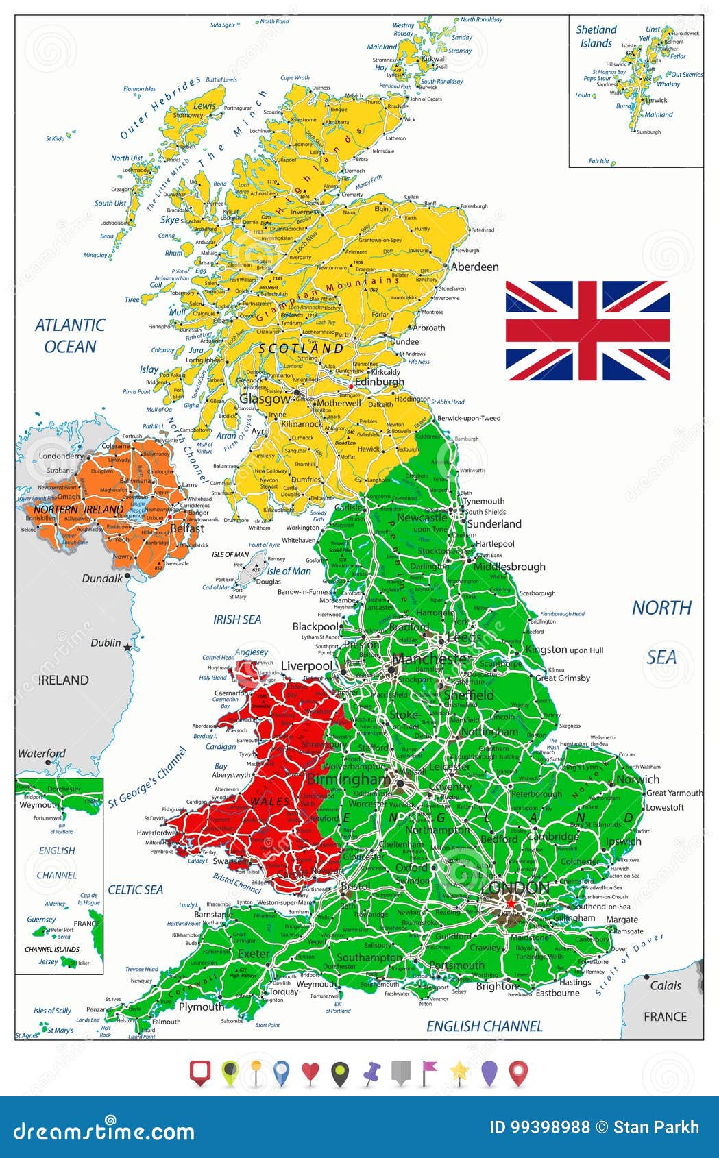 Mapa Político De Reino Unido E Indicadores Planos Del Mapa Ilustración