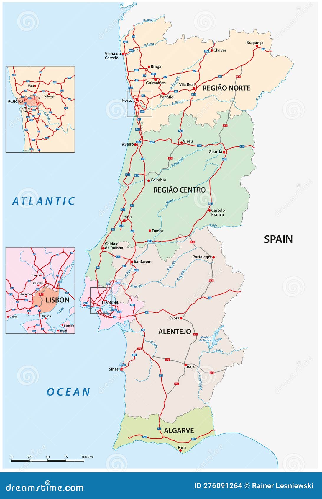 Mapa colorido de portugal com regiões e principais cidades ilustração em  vetor