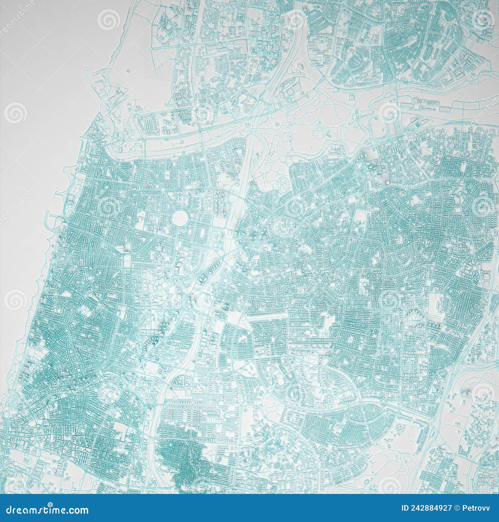 Vista aérea azul de edifícios da cidade, renderização em 3d de fundo azul  do mapa