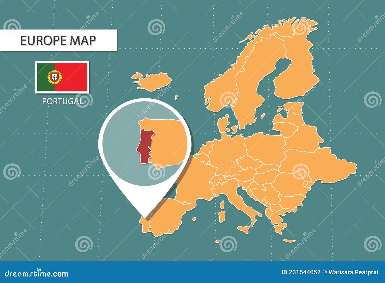Portugal Map in Europe Zoom Version, Icons Showing Portugal Location