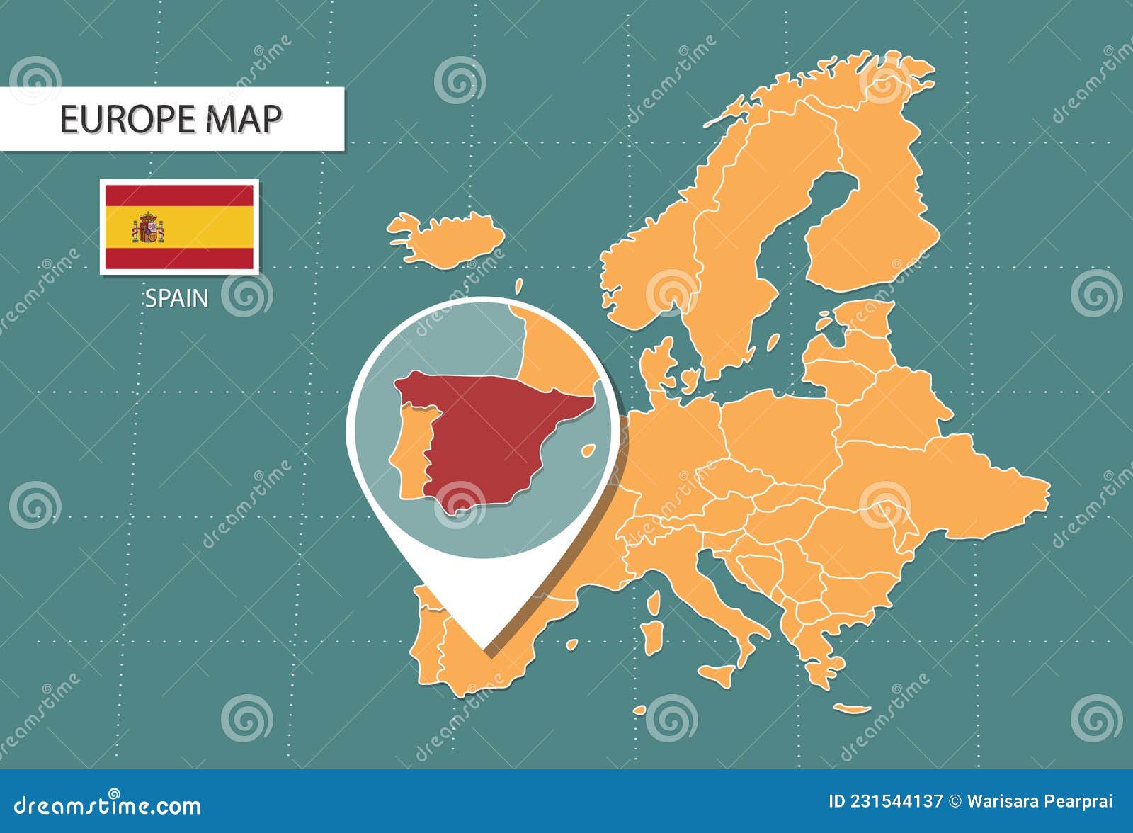 Spain Map in Europe Zoom Version, Icons Showing Spain Location and Flags Stock Vector