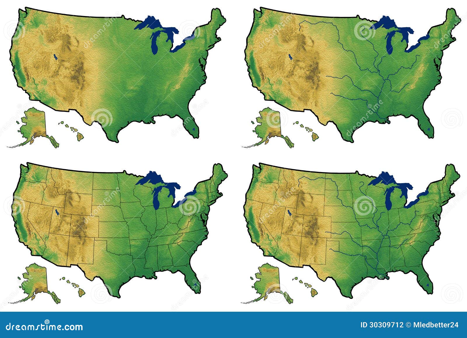 Cuatro Versiones Del Mapa Físico De Estados Unidos Stock de ilustración