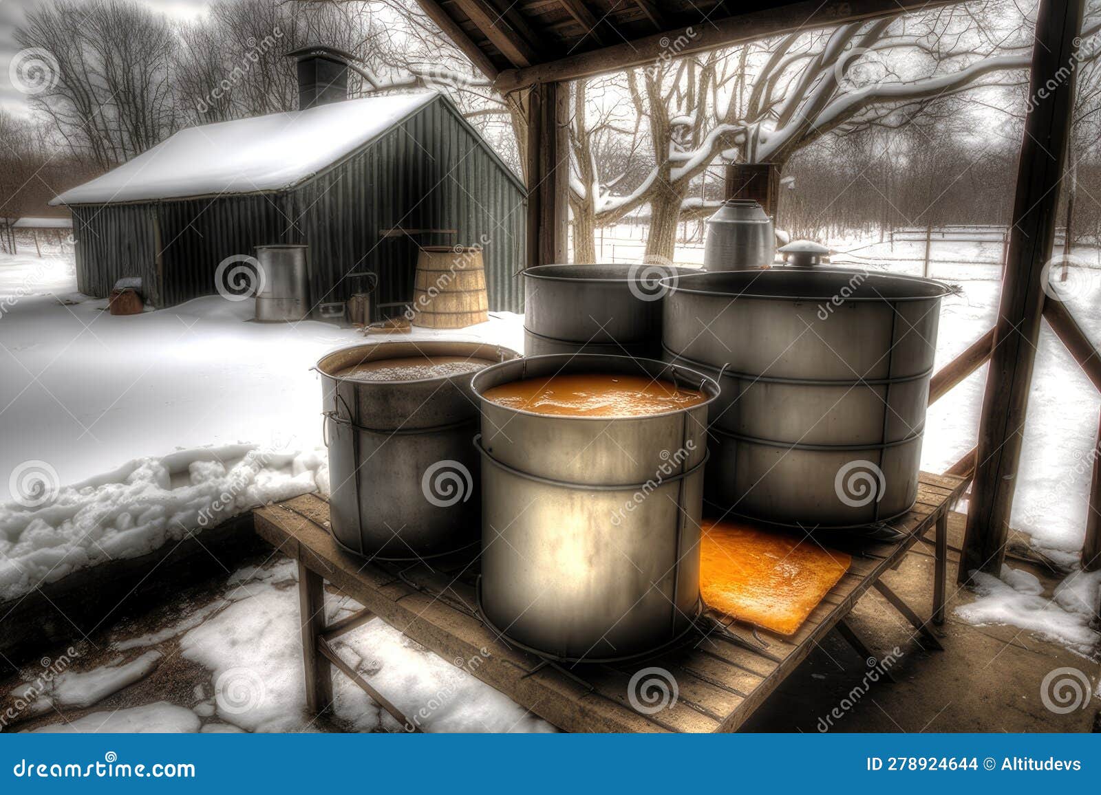 Maple Sap Evaporator, Surrounded by Buckets of Maple Sap, Ready for Boiling Stock Illustration