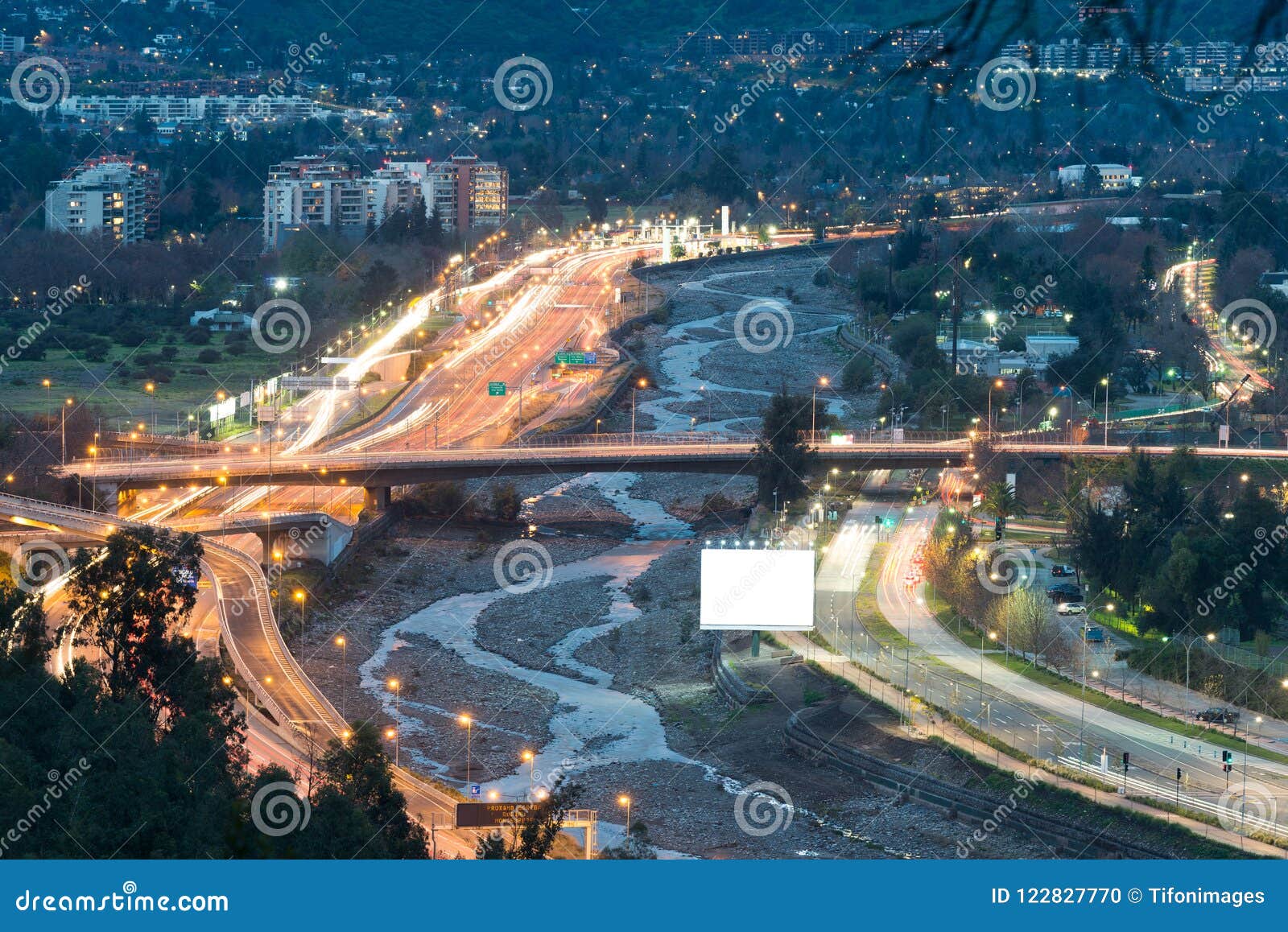 mapocho river and costanera norte highway in the wealthy district of vitacura in santiago