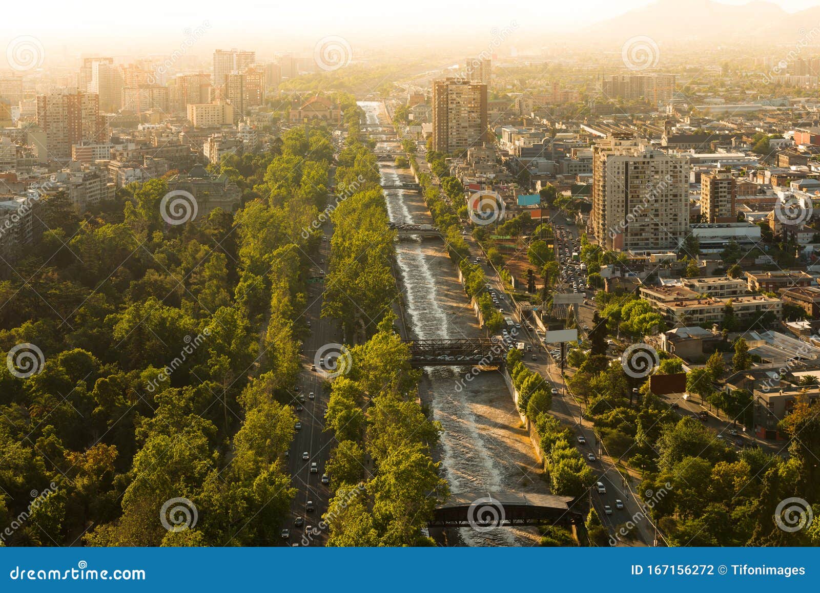 mapocho river and forestal park at downtown with the neighborhoods of patronato, bellas artes and bellavista, santiago