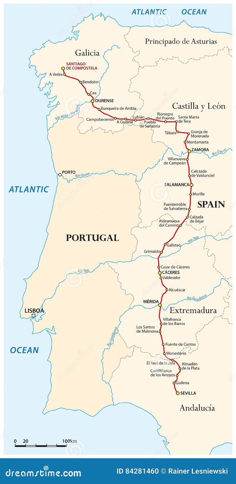 Mappa Del Modo Di St James Da Siviglia A Santiago De Compostela Spagna Illustrazione Vettoriale Illustrazione Di Atlantico Porto