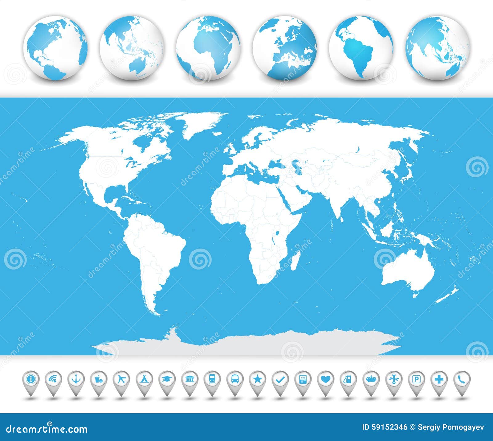 Mappa Di Mondo Con I Globi E Le Icone Illustrazione Vettoriale