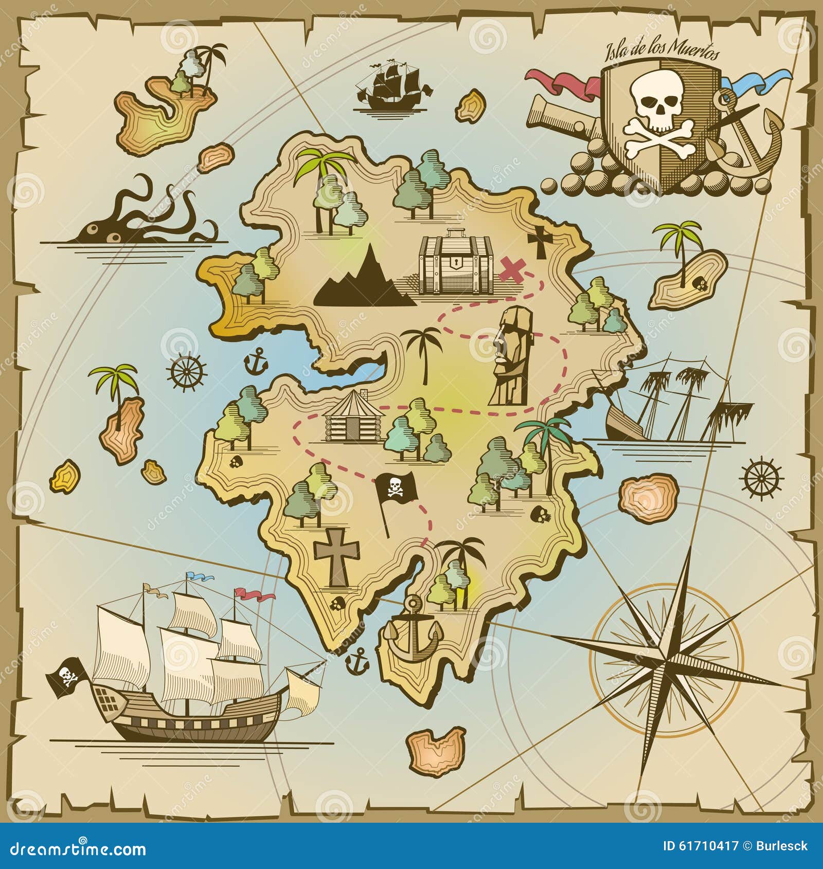 Mappa Di Vettore Dell Isola Del Tesoro Del Pirata Illustrazione Vettoriale Illustrazione Di Antique Oggetto 61710417