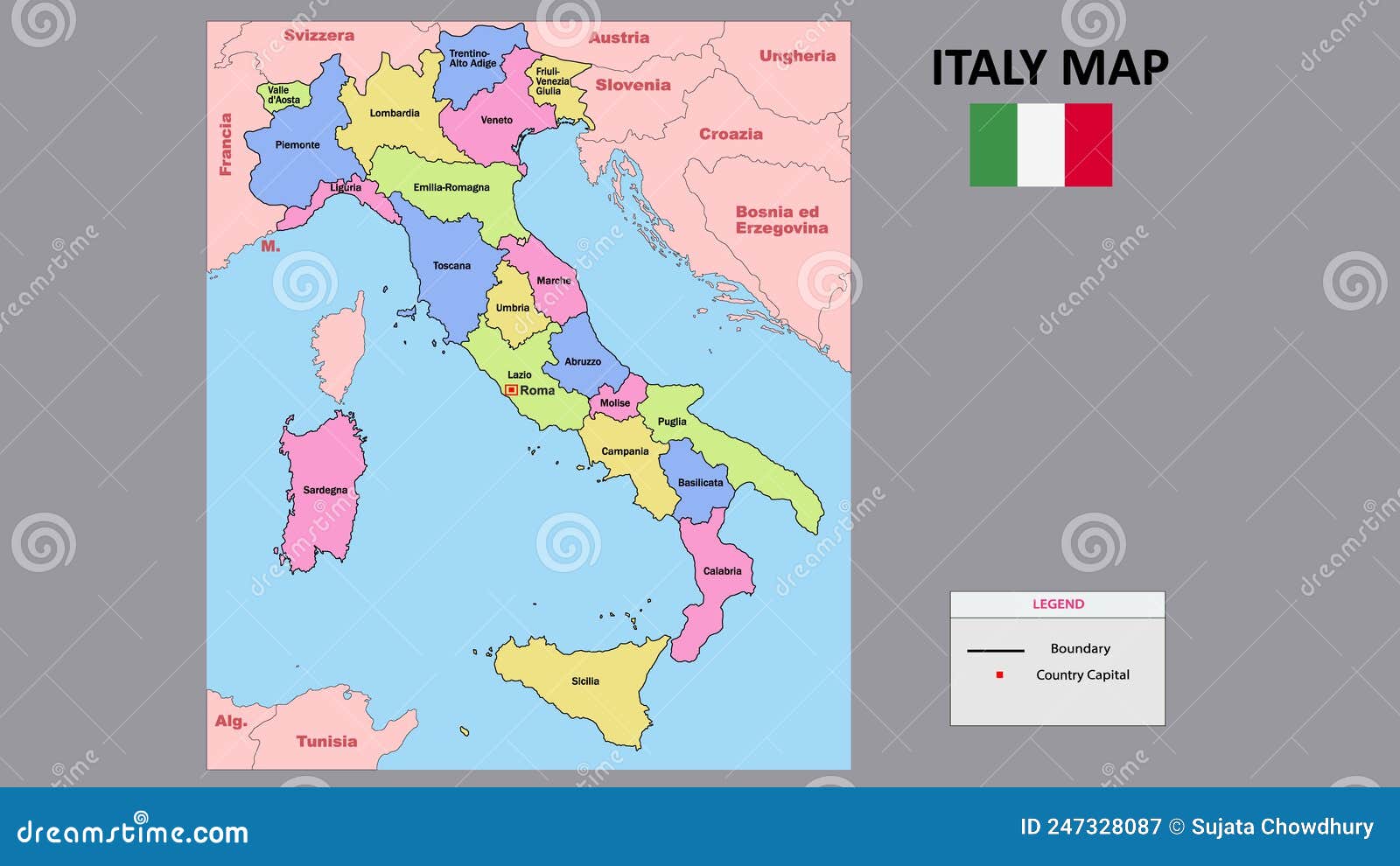 Mappa Italiana. Cartina Colorata Dell'italia Con Nomi E Confini Dei Paesi  Vicini Illustrazione Vettoriale - Illustrazione di disegno, regione:  247328087