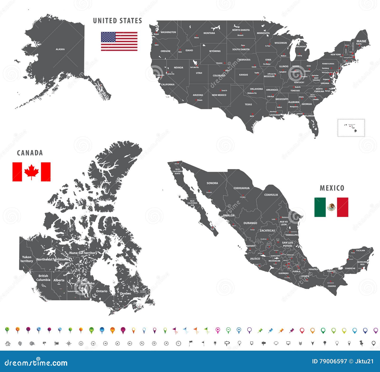 World Vector Map - Europe Centered with US States & Canadian Provinces