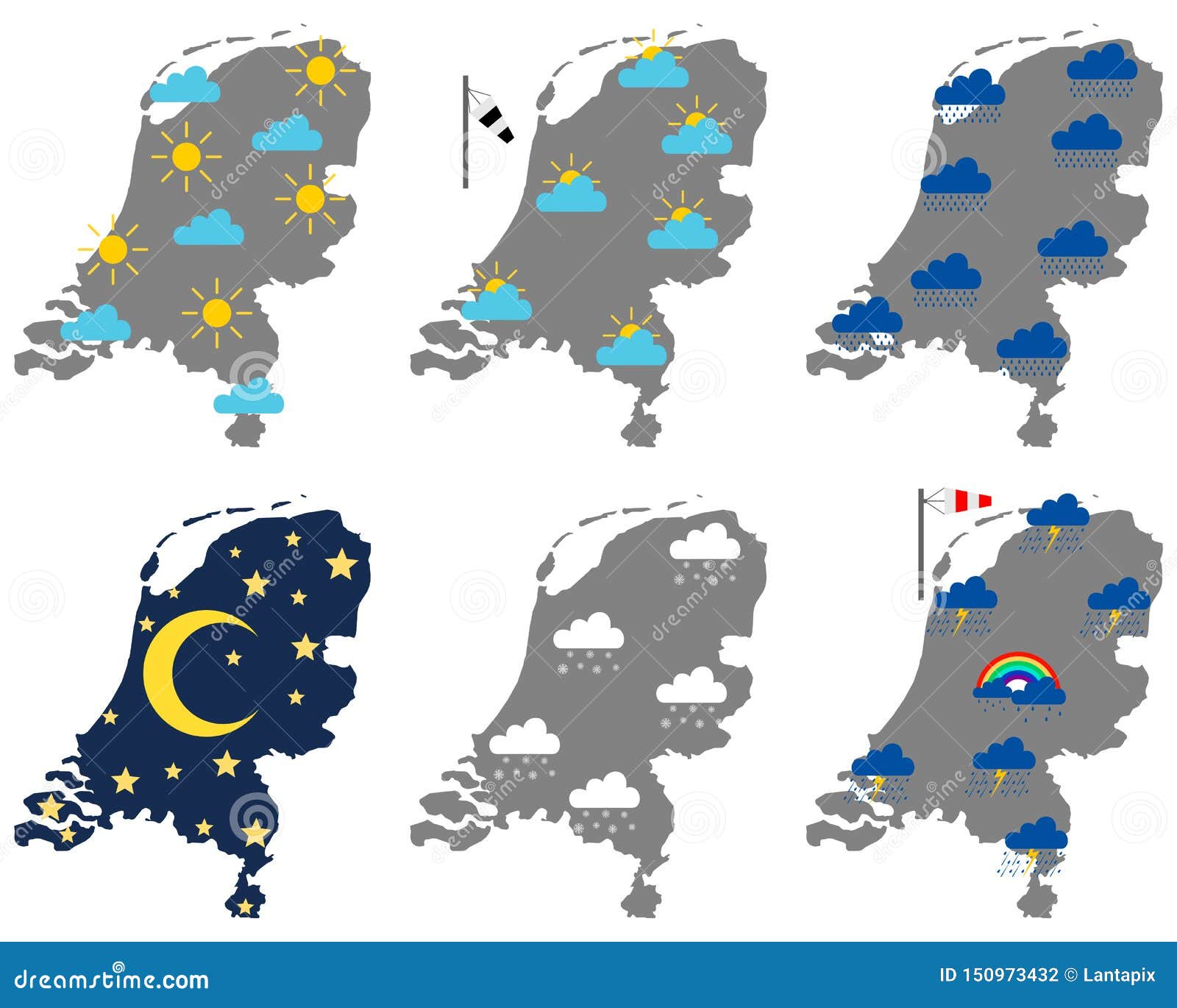 Maps of the Netherlands with Various Weather Symbols Stock Vector