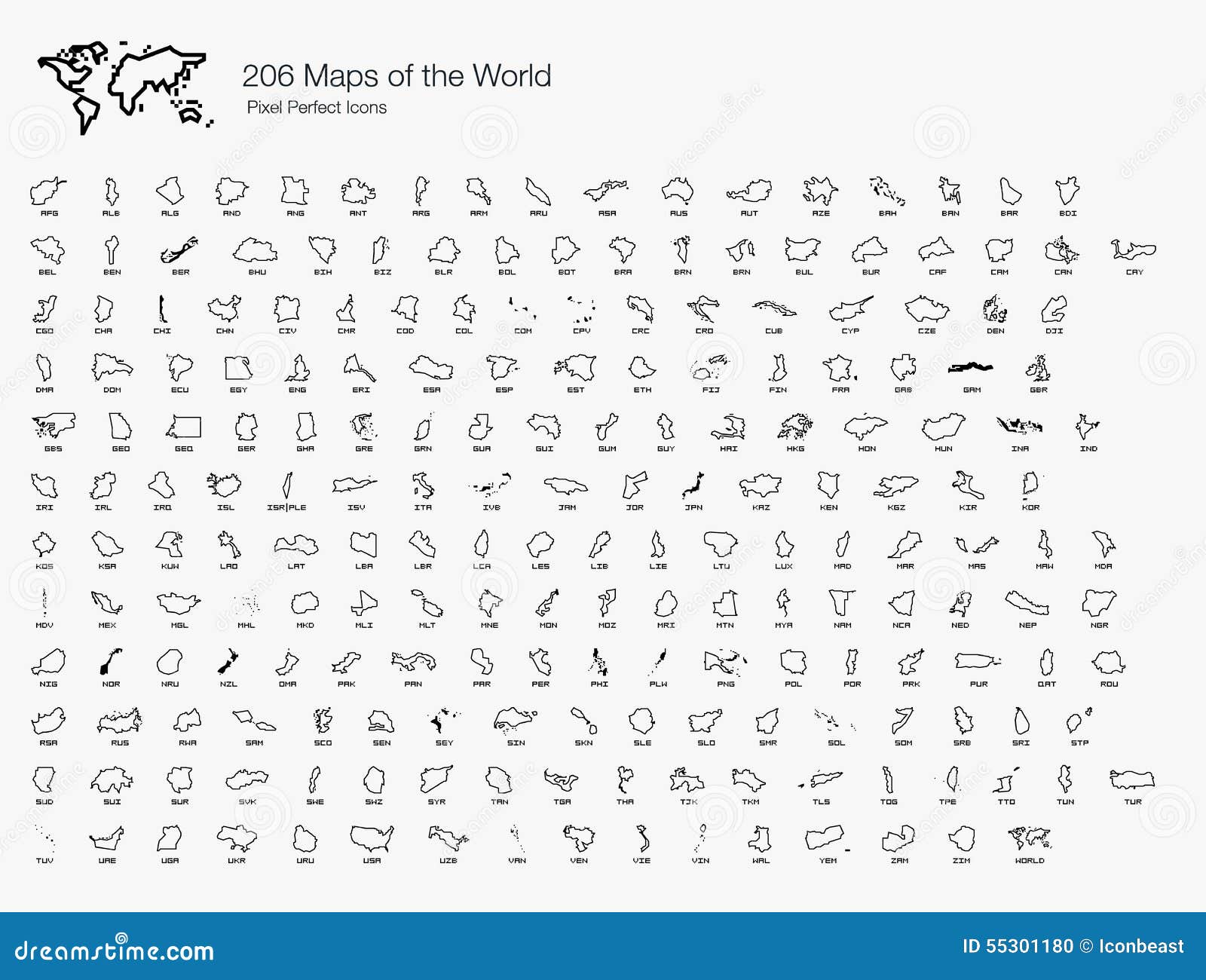 maps of the world by country pixel perfect icons (line style)