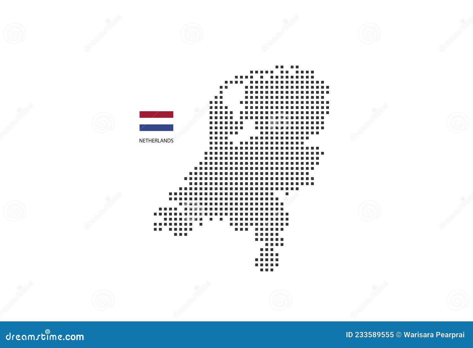  square pixel dotted map of netherlands  on white background with netherlands flag