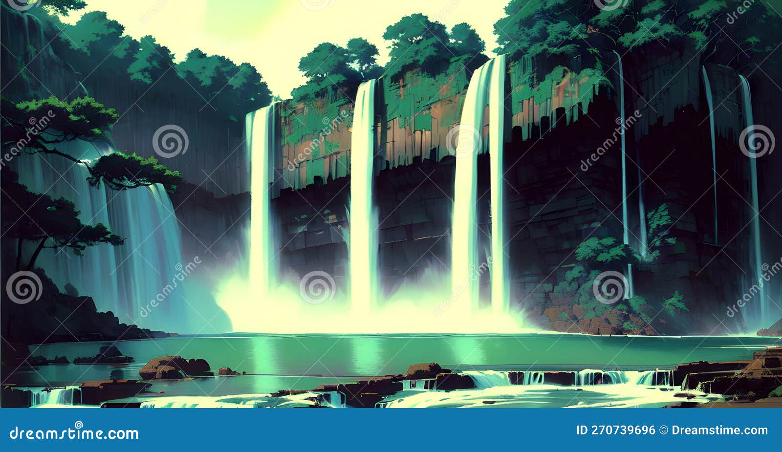 Fundo de anime com uma floresta e uma lagoa