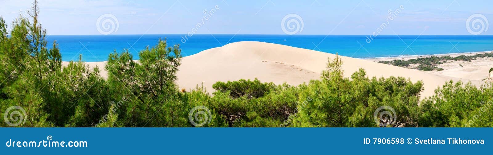 Mar-vista del panorama con la duna de arena y el árbol solo en Patara, costa de la turquesa de Turquía cerca de Kalkan y de Fethiye