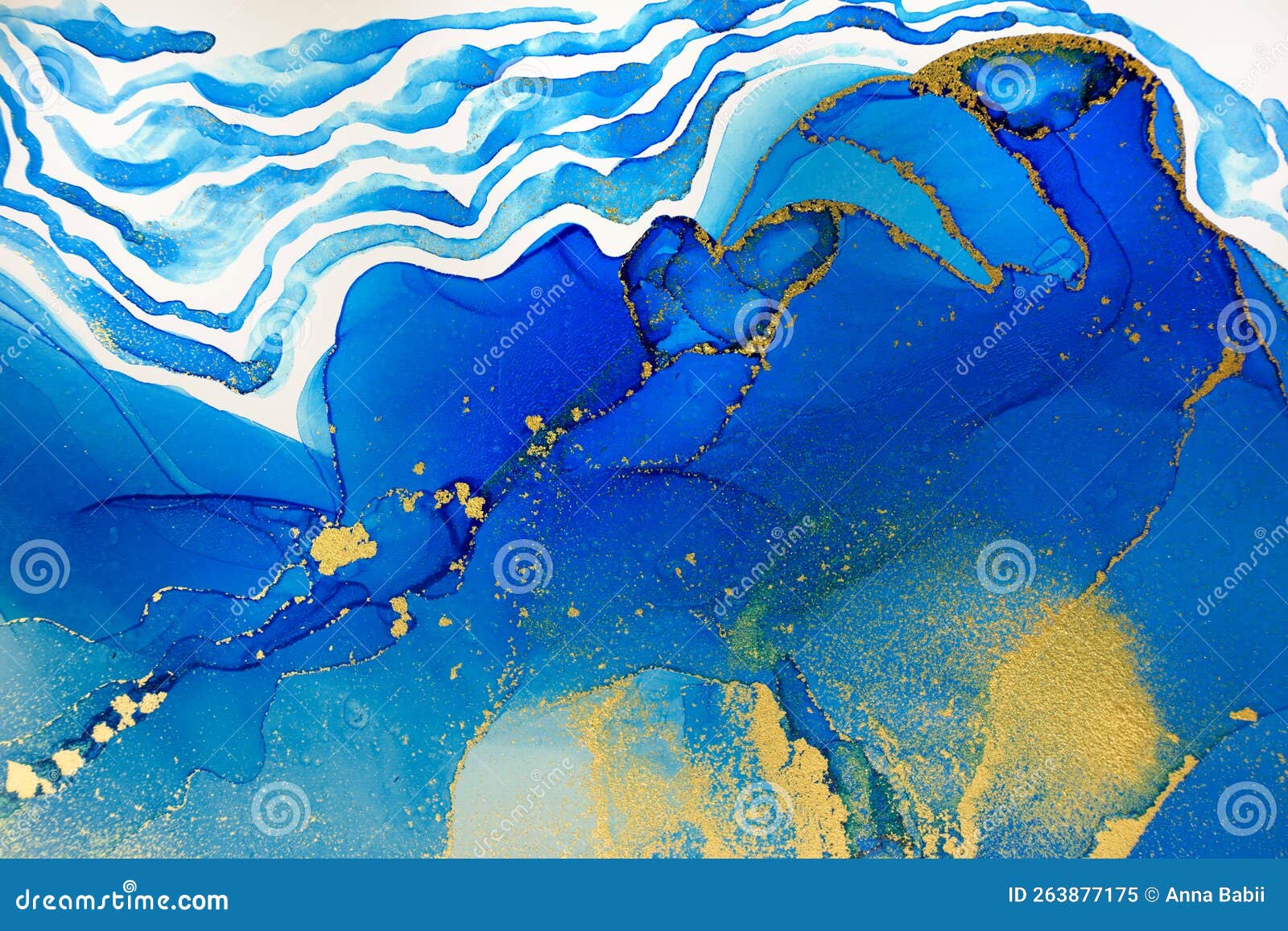 Marble Gradient Light Blue and Gold Veins Artwork Background. Stock