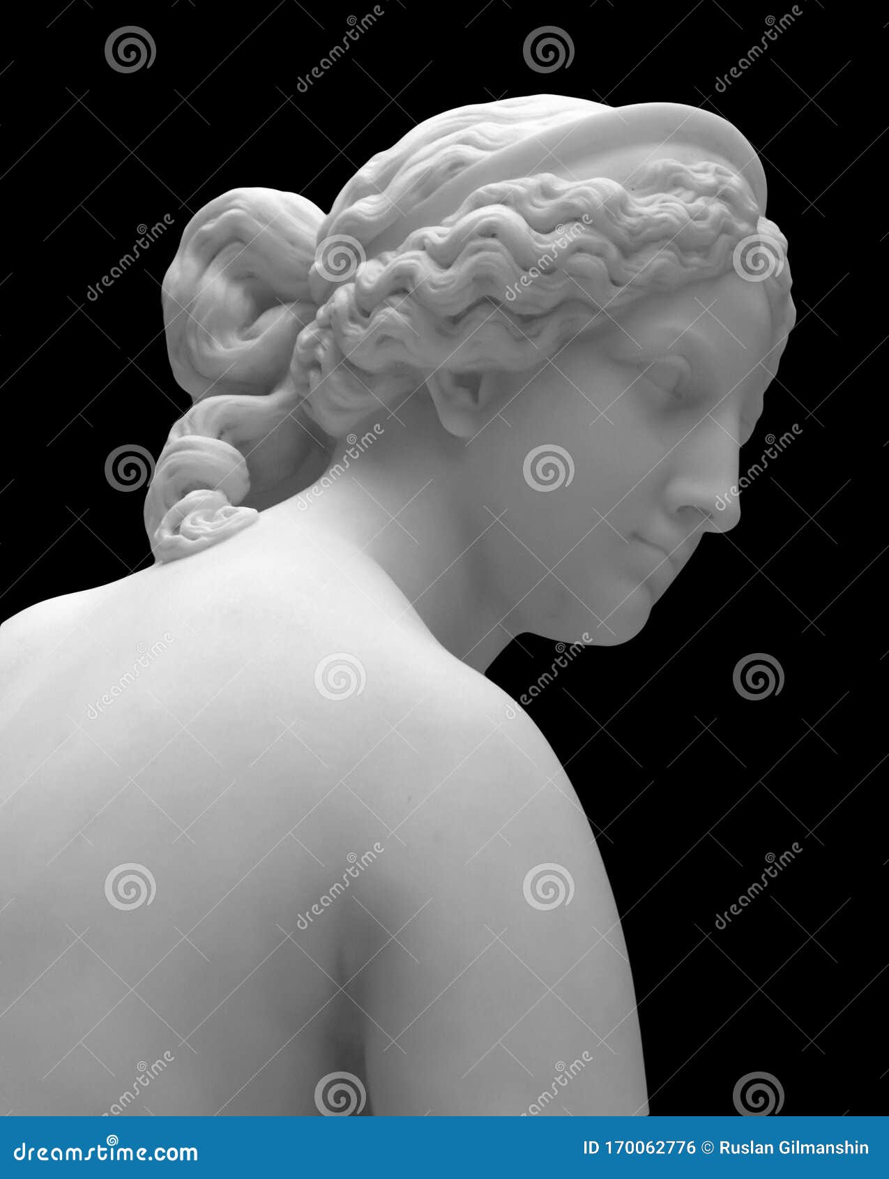marble head sculpture of young woman, ancient greek goddess art bust statue  on black background