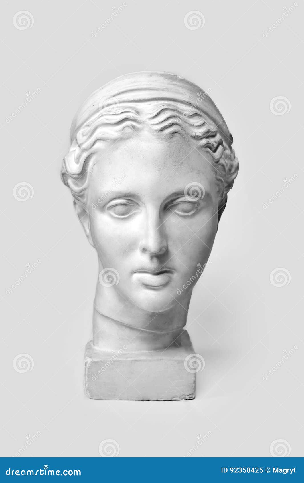 marble head of young woman, ancient greek goddess bust. sculpture executed in accordance with modern standards of beauty