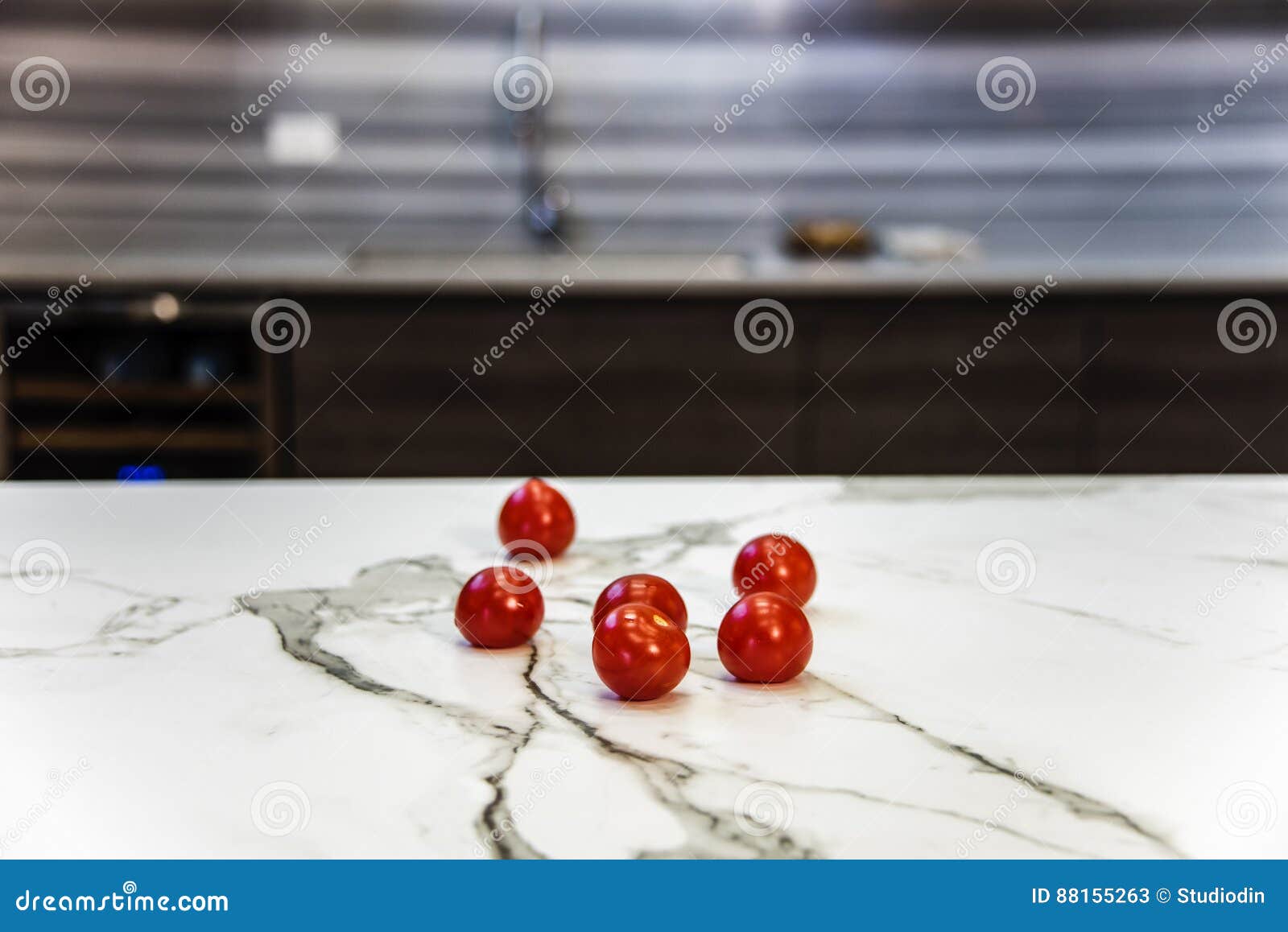 Marble Kitchen Countertop With Tomatoes On Counter Concept Stock