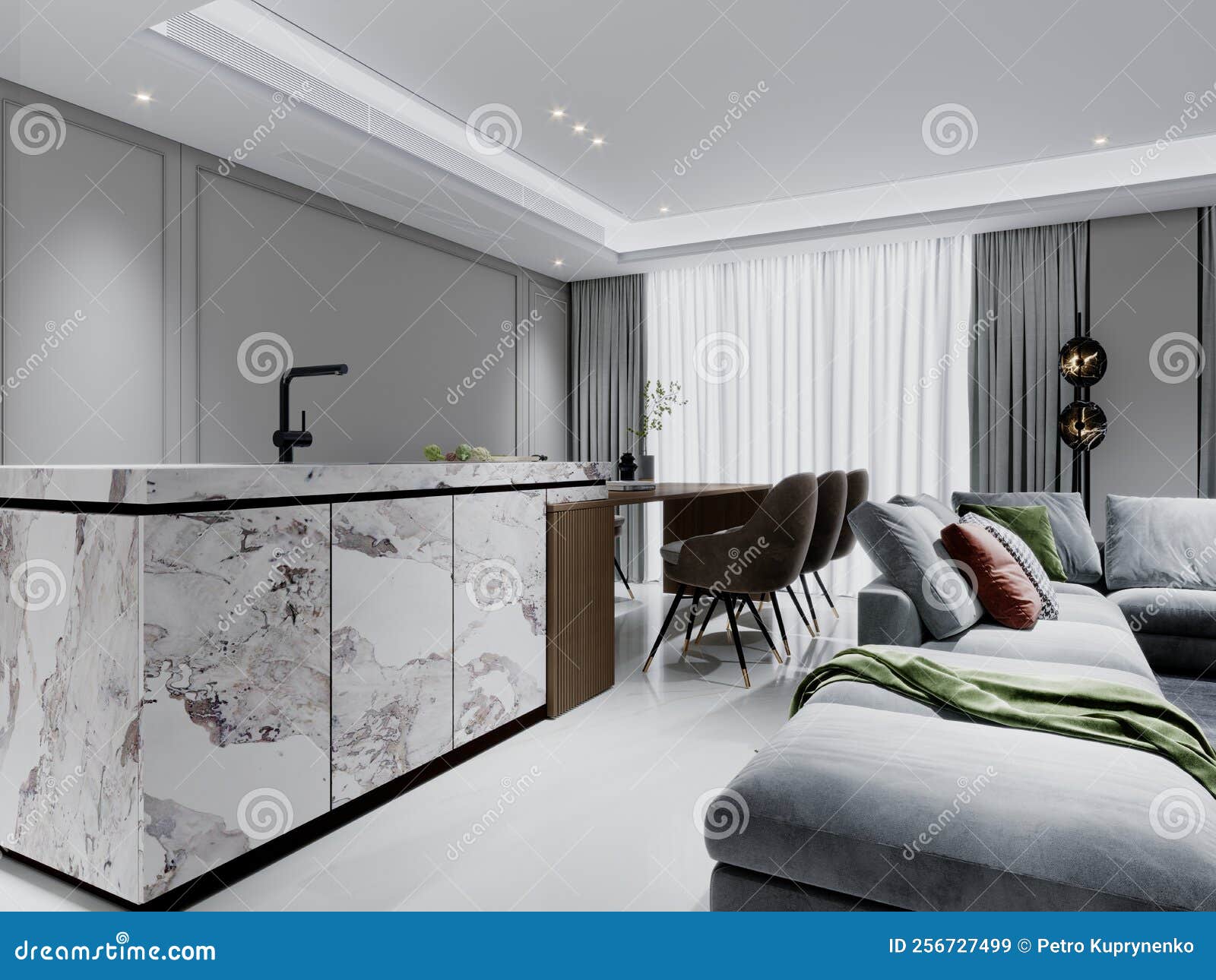 Marble Kitchen Island in Living Room with Dining Table and Chairs Stock