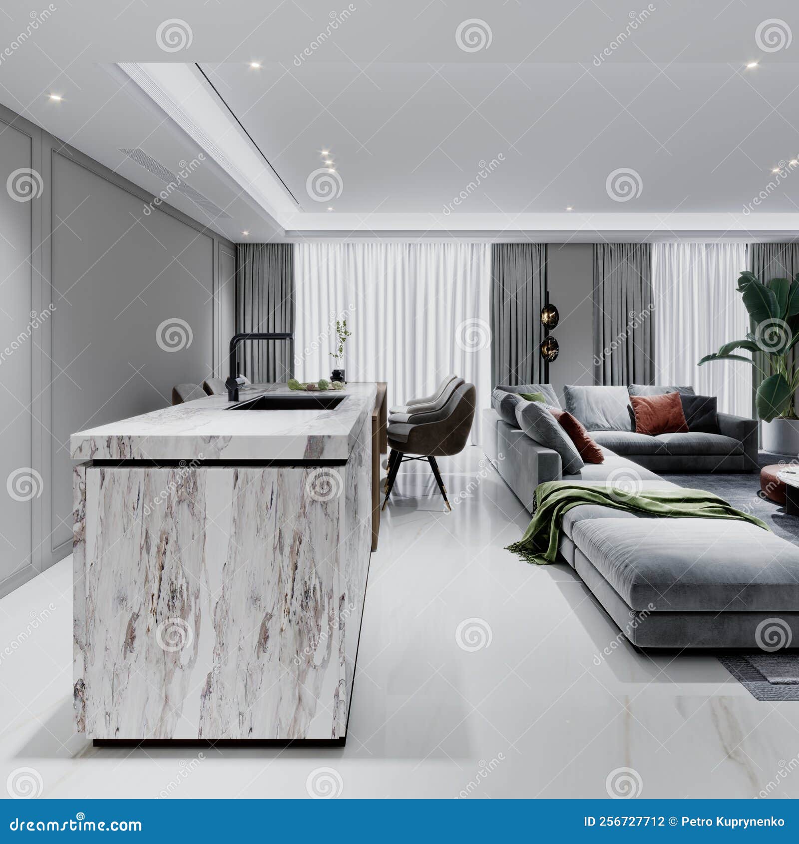 Marble Kitchen Island in Living Room with Dining Table and Chairs Stock