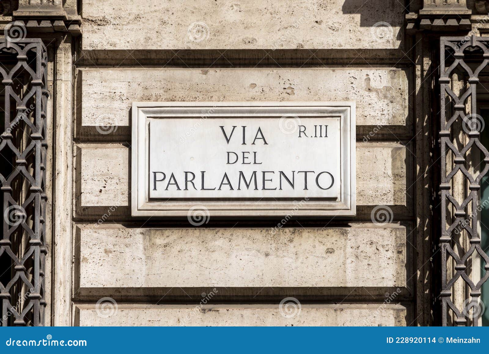 marble plate with street name via del parlamento- engl: parliament street - at the wall in rome