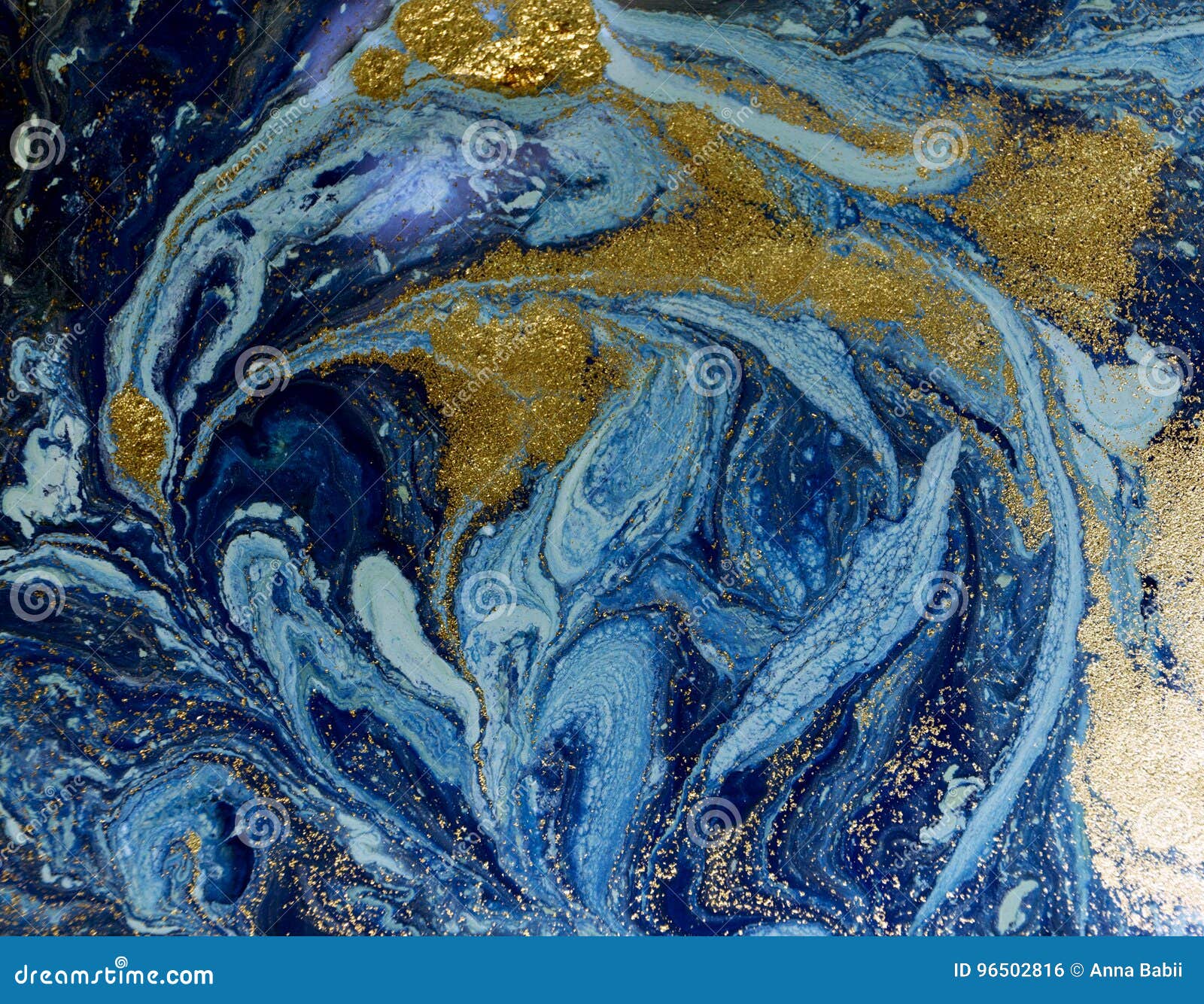 Marbled Blue and Golden Abstract Background. Liquid Marble Pattern