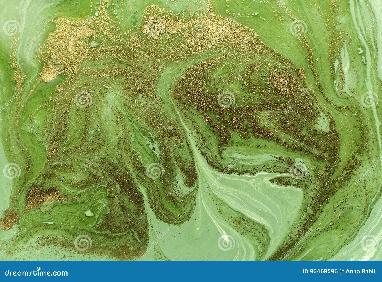 Marbled Green and Gold Abstract Background. Liquid Marble Pattern Stock