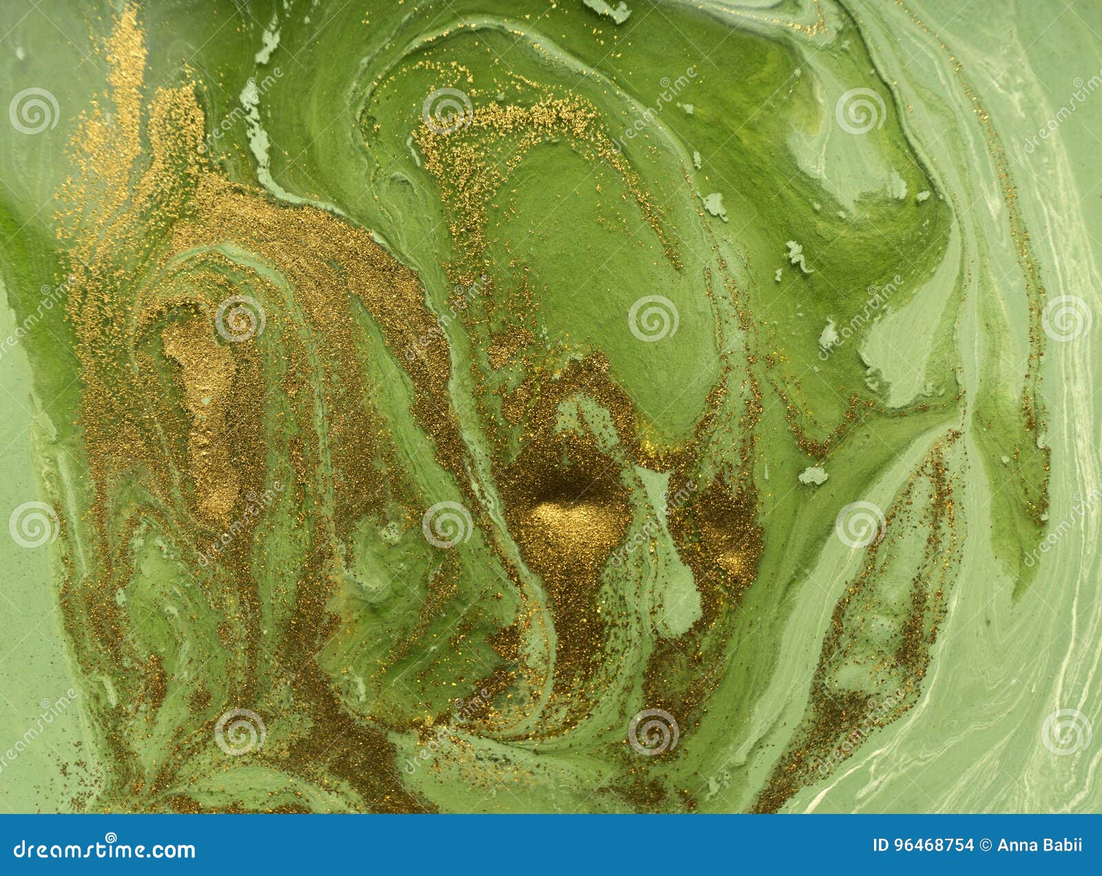 Marbled Green and Gold Abstract Background. Liquid Marble Pattern Stock