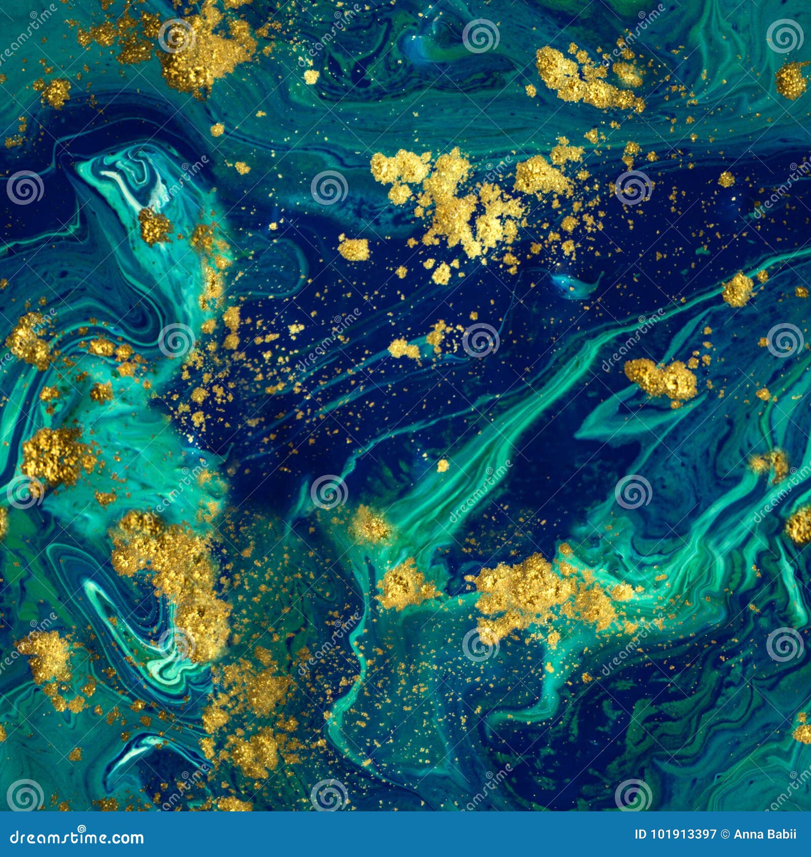 Marbled Seamless Background. Liquid Blue Marble Pattern. Golden Glitter ...