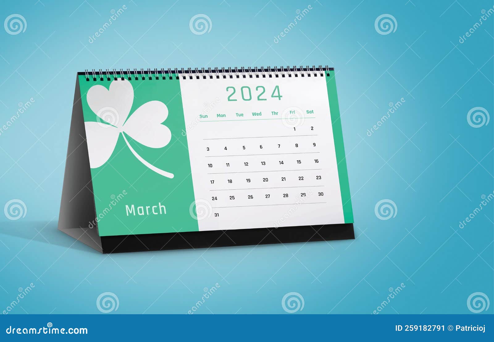 march 2024 calendar with shamrock icon  on blue background with space for copy