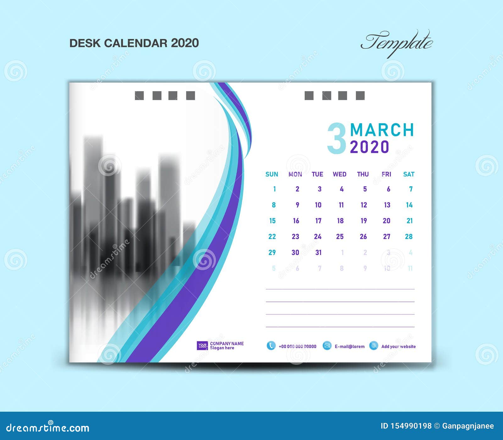 MARCH, Desk Calendar 2020 Template Vector Illustration, Week Starts