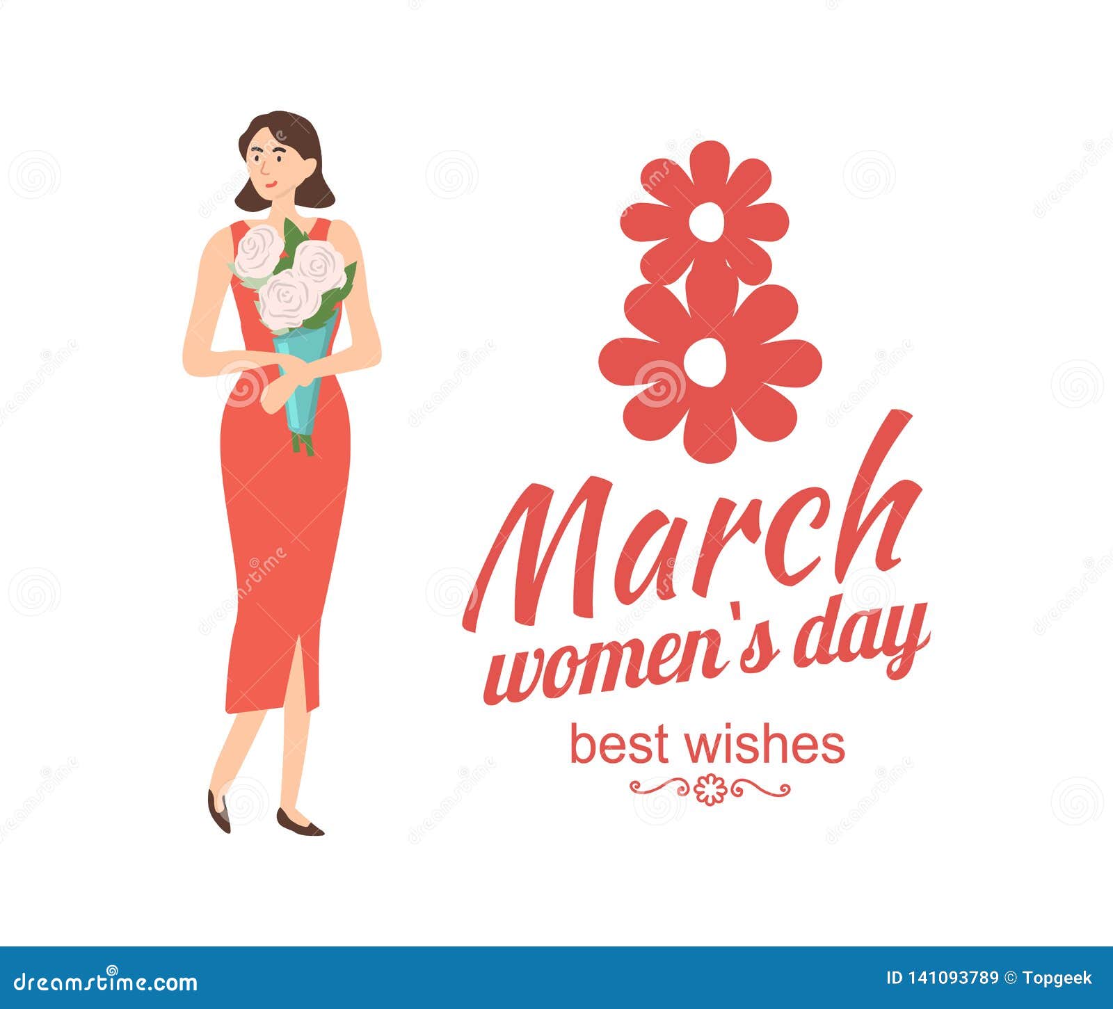 8 March Greeting Card Lady with Bouquet and Wishes Stock Vector ...