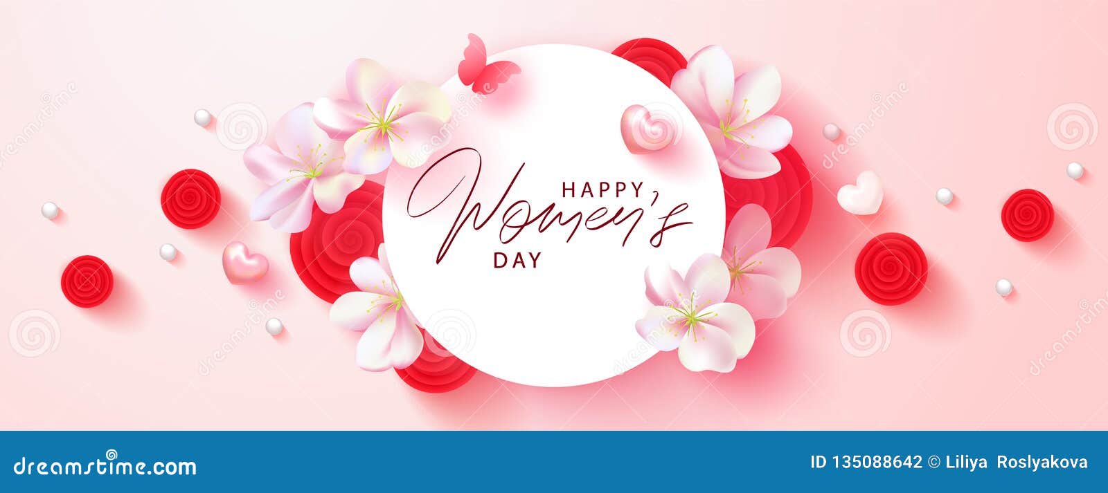 8 March Happy Womens Day Banner. Beautiful Background with Flowers,  Hearts,butterfly and Gift Boxes Stock Vector - Illustration of bloom,  butterfly: 135088642
