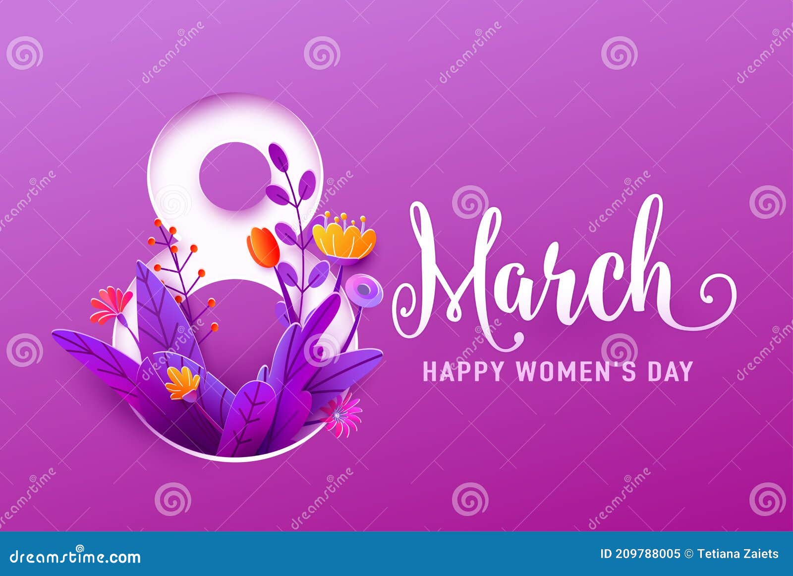 8 march, happy womens day greeting banner   in 3d paper cut style. big number eight with spring