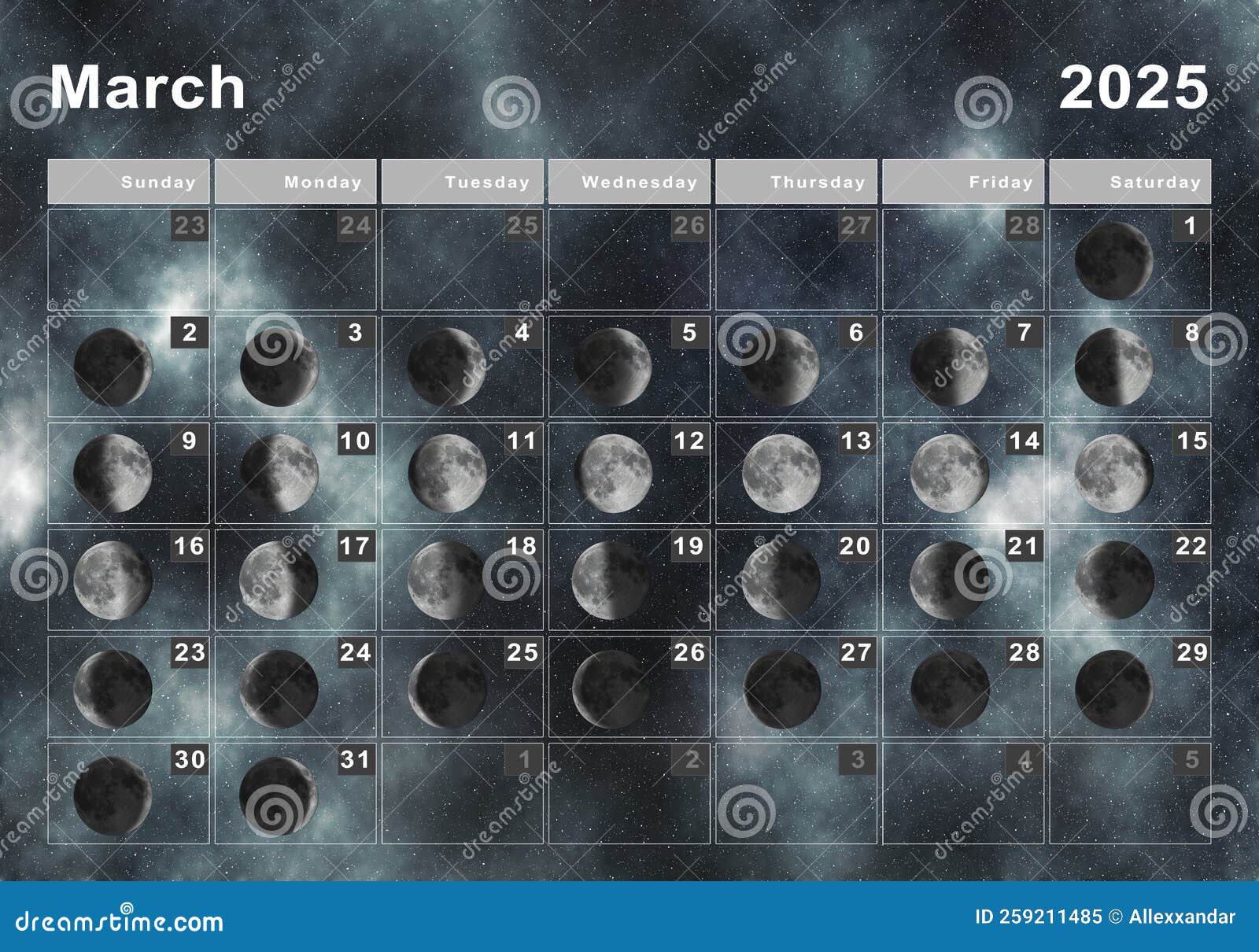 March 2025 Lunar Calendar, Moon Cycles Stock Illustration